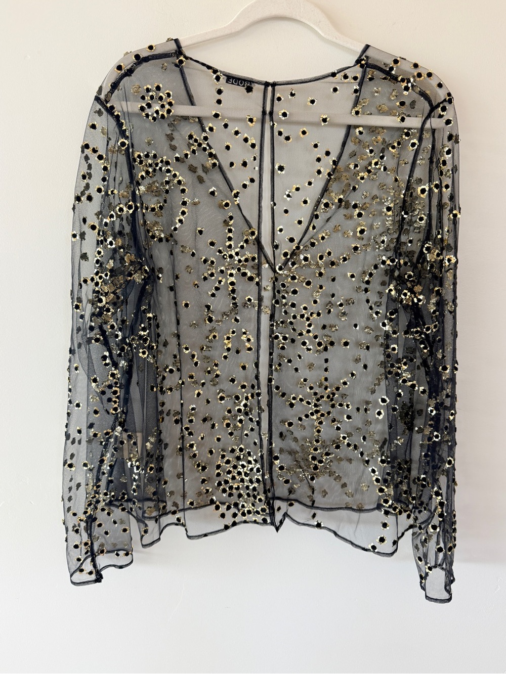 BODE Sheer Fête Top Mesh Gold Foil Appliqué Blouse Black Size 10 - Picture 6 of 12